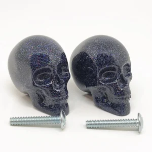 Gothic Drawer Knobs | Black Glitter Knobs - Handmade Skull Cabinet Pulls for Scary Room Decor (Set of 2)