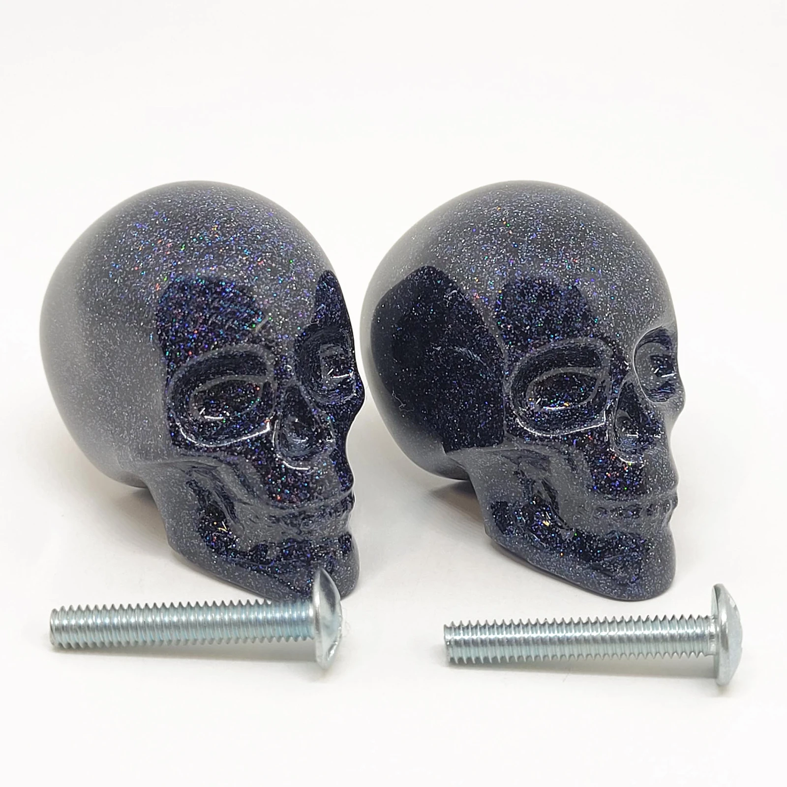 Gothic Drawer Knobs | Black Glitter Knobs - Handmade Skull Cabinet Pulls for Scary Room Decor (Set of 2)