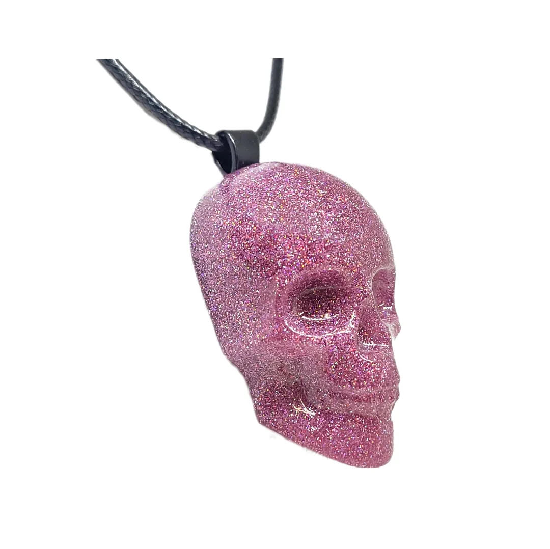 Pink Holographic (Holo) Glitter Skull Necklace