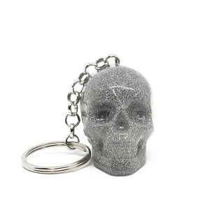 Punk Rock Keychain Silver Glitter Skull Keychain, Metallic And Gothic Style